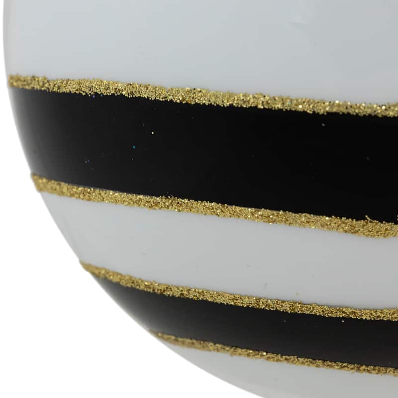 Set of 2 White and Black Striped Glass Christmas Ball Ornaments 4"