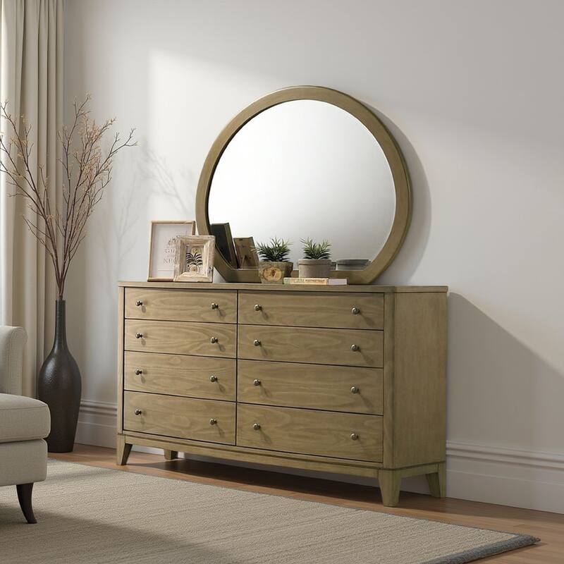 Heon Dresser Mirror, Natural Brown Wood, Subtle Rounded Shape, 38 Inch - Natural Pine Brown