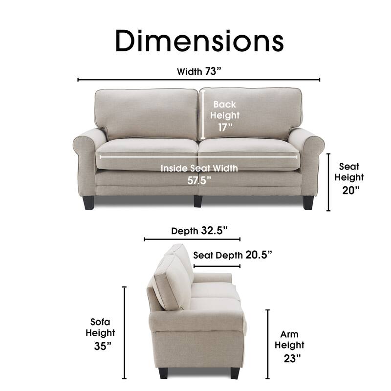 Serta Copenhagen 73" Sofa Couch for Two People, Pillowed Back Cushions and Rounded Arms, Durable Modern Upholstered Fabric
