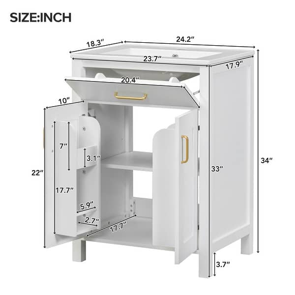 dimension image slide 1 of 2, Roomfitters 24" Bathroom Vanity with Ceramic Sink, Compact Storage Cabinet with 2 Soft-Close Doors, Gold+White