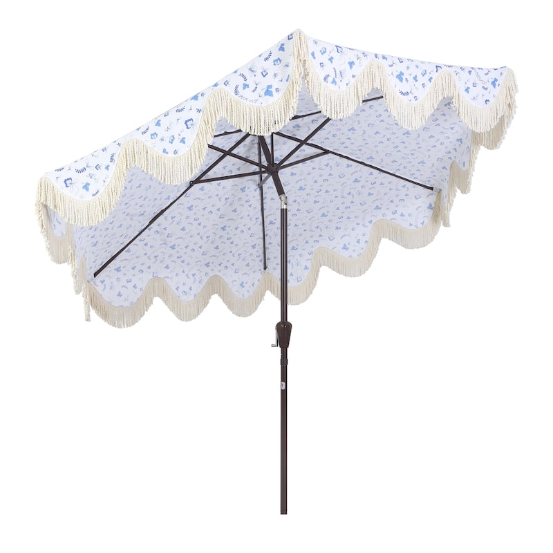 9ft Tassel Patio Umbrella Auto-Tilt, Crank , by JONATHAN Y