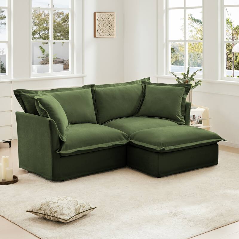 Slipcovered Chenille 2-Seater Sofa Couch with Convertible Ottoman & Soft Big Pillows