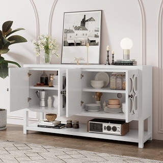 Antique White Sideboard Storage Cabinet with Mirrored Doors & Open Storage Shelf, Console Table Display Case for Living Room