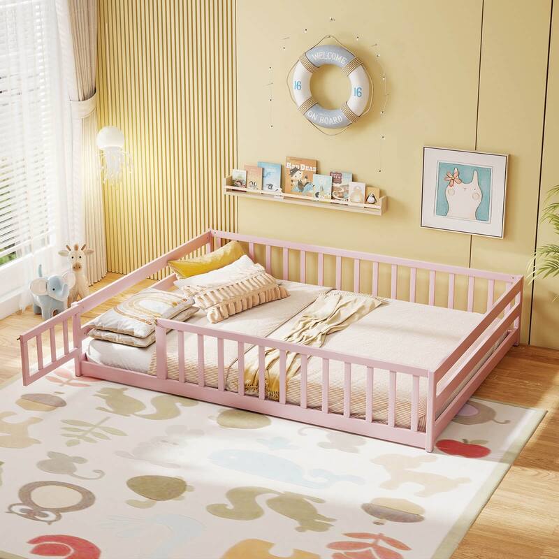 Costway Full Size Floor Bed with Full Length Safety Guardrails & Door