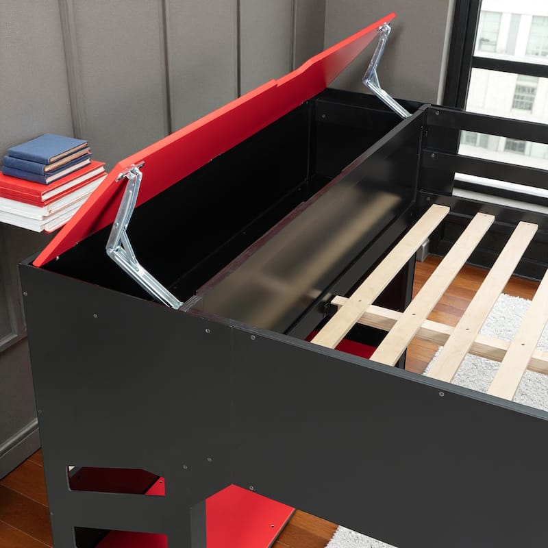 Full Size Wood Loft Bed with Adjustable Desk, Drawers, Storage Shelves, Hanging Rod and RGB LED Lights