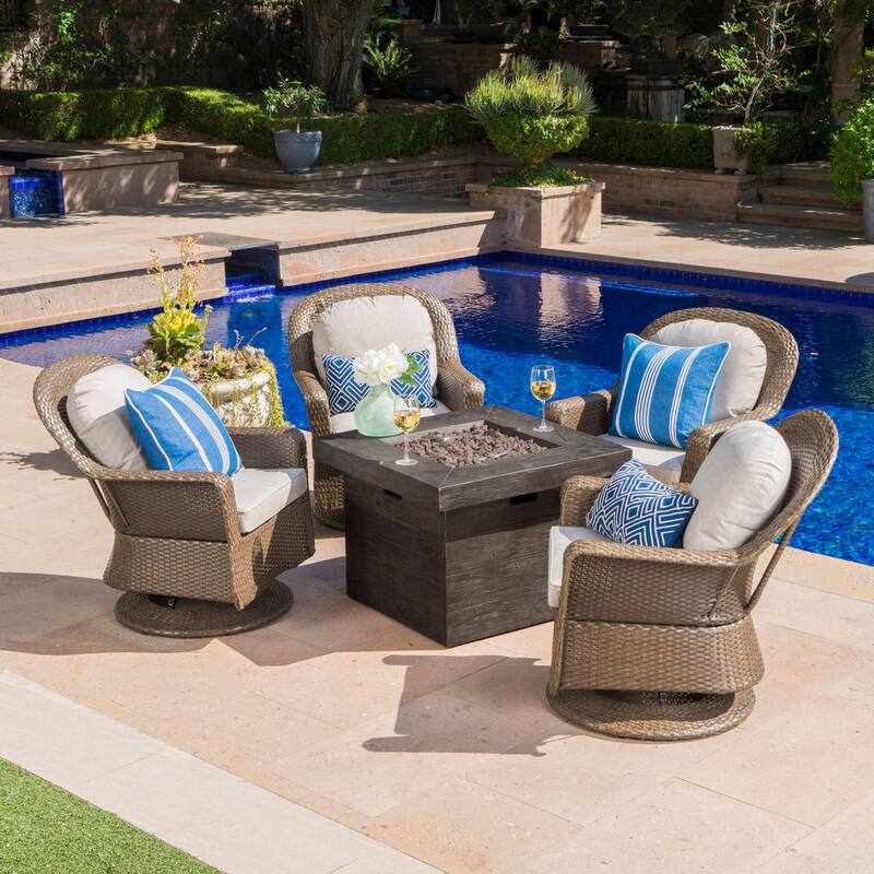 Colosseum 5-piece Wicker Swivel Set with Fire Table by Christopher Knight Home - Tan + Ceramic Grey Cushion