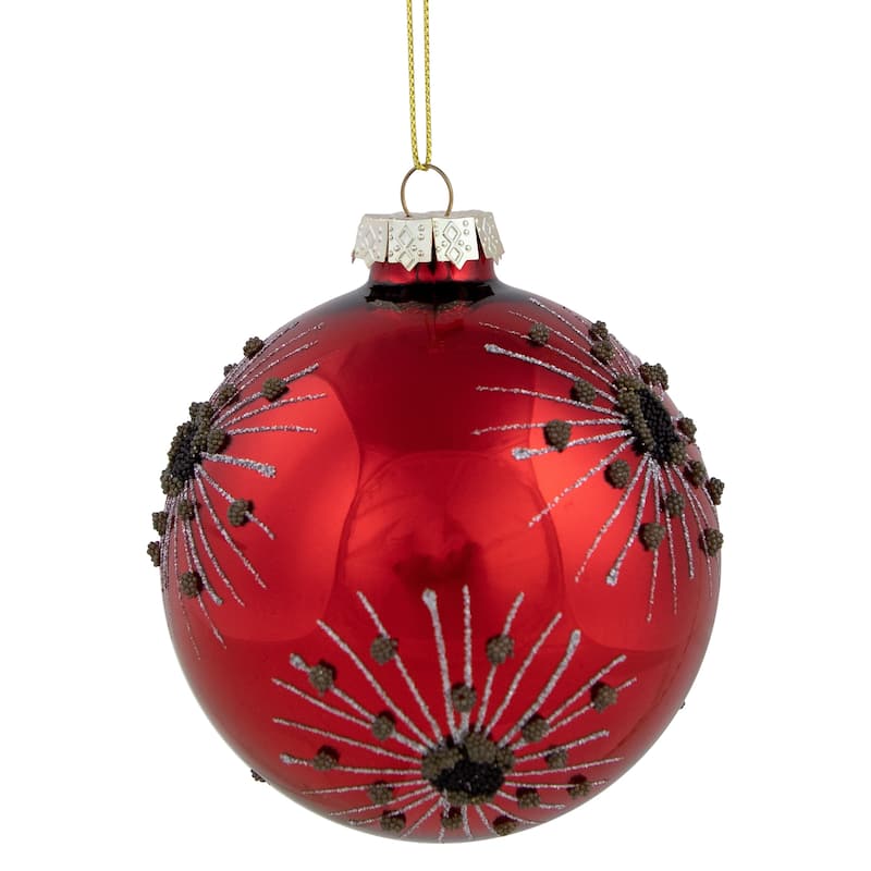 3.5" Red and Brown Beaded Bursting Snowflake Glass Christmas Ball Ornament
