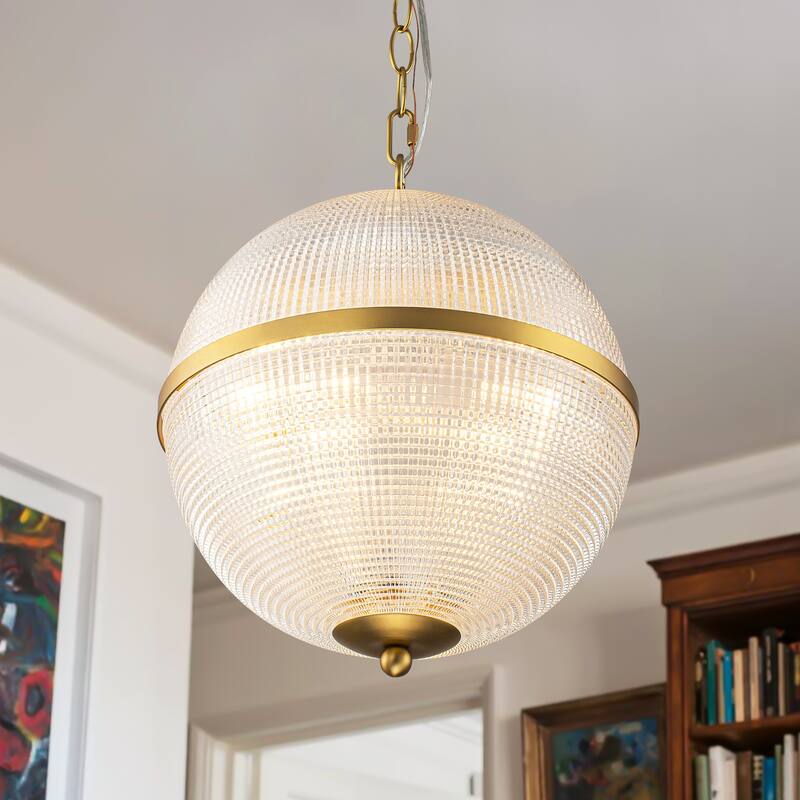 3-Light Mid-Century Modern Glam Gold Grid Glass Globe Chandelier Ceiling Light - 11.8 in. W x 13.39 in. H