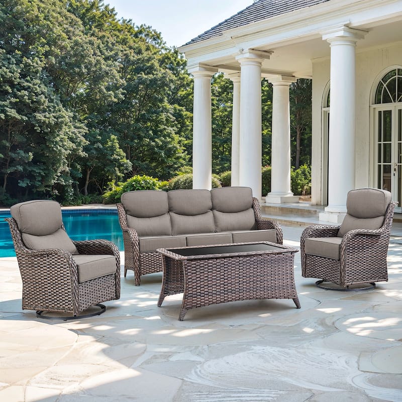 Gymojoy 4-Piece Patio Furniture Set with Swivel Glider Chairs, 6-Inch Ultra-Plush Cushions & Water-Resistant Olefin Fabric - Brown Wicker / Grey Cusion - 4-Piece