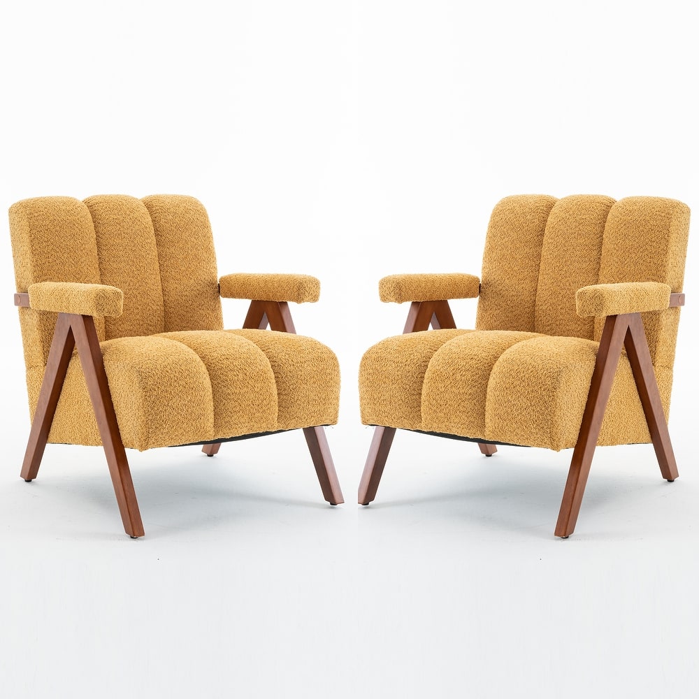 Mid Century Modern Accent Chair, Chenille Armchair with Solid Wood Legs, Channel Tufted Comfy Reading Chair for Living Room