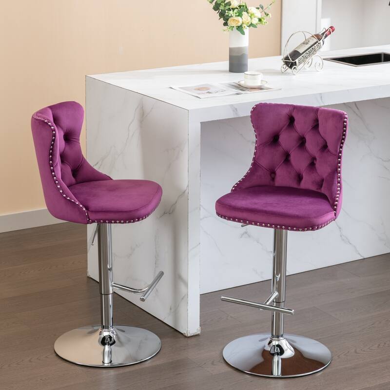 Velvet Swivel Barstools Purple Tufted Upholstered Dining Chair 2 Set