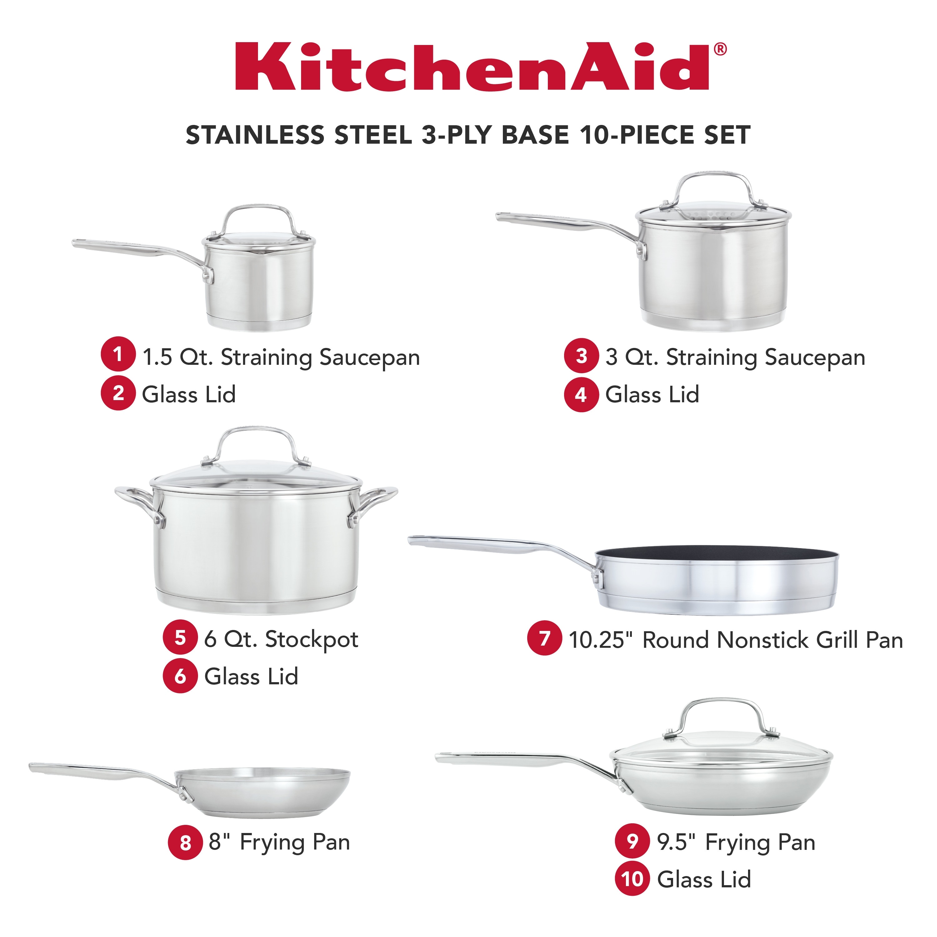 KitchenAid 3 Ply Base Stainless Steel Cookware Induction Pots and