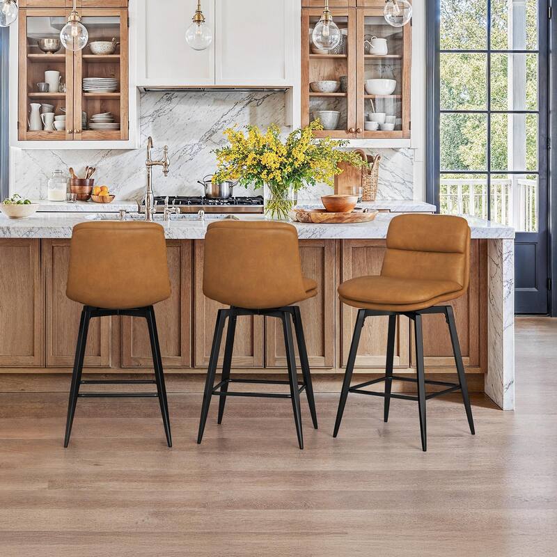Upholstered Faux Leather Bar Stools with Back and Metal Legs Set of 2/3/4, 26" H Seat Height, 360° Swivel Bar Stools Brown