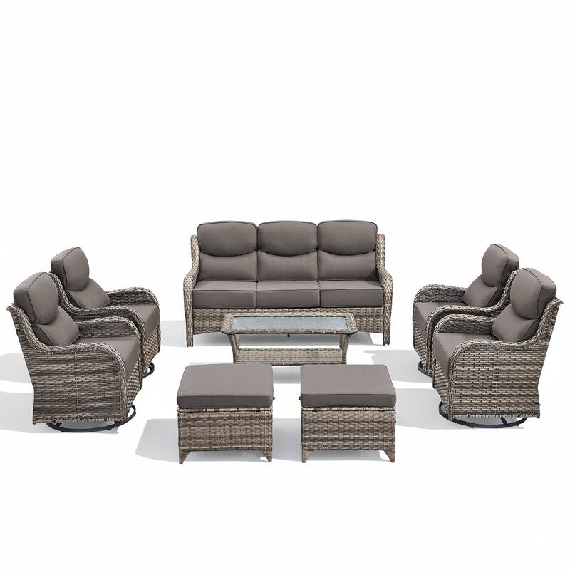 Arcadia 8-Piece Wicker Patio Conversation Set with Swivel Gliders and 6-Inch Thick Olefin Cushions