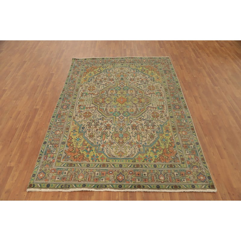 Hand Knotted Oriental 100% Wool Carpet Traditional Floral Beige & Ivories Tabriz Area Rug - 9' 4'' X 6' 4''