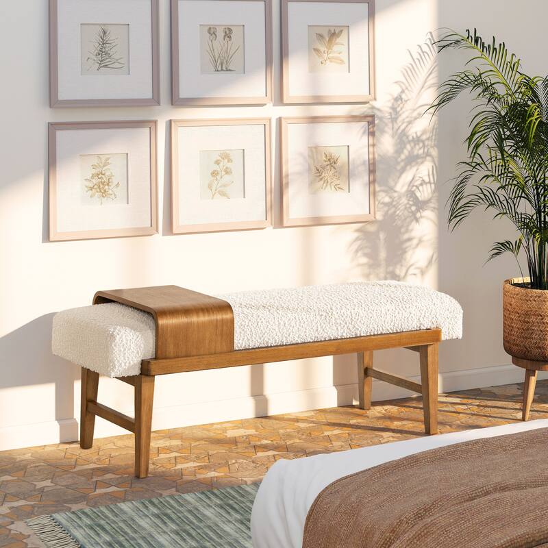 Billie 52" Boucle Faux Sherpa Modern Telephone Bench with Sliding Shelf