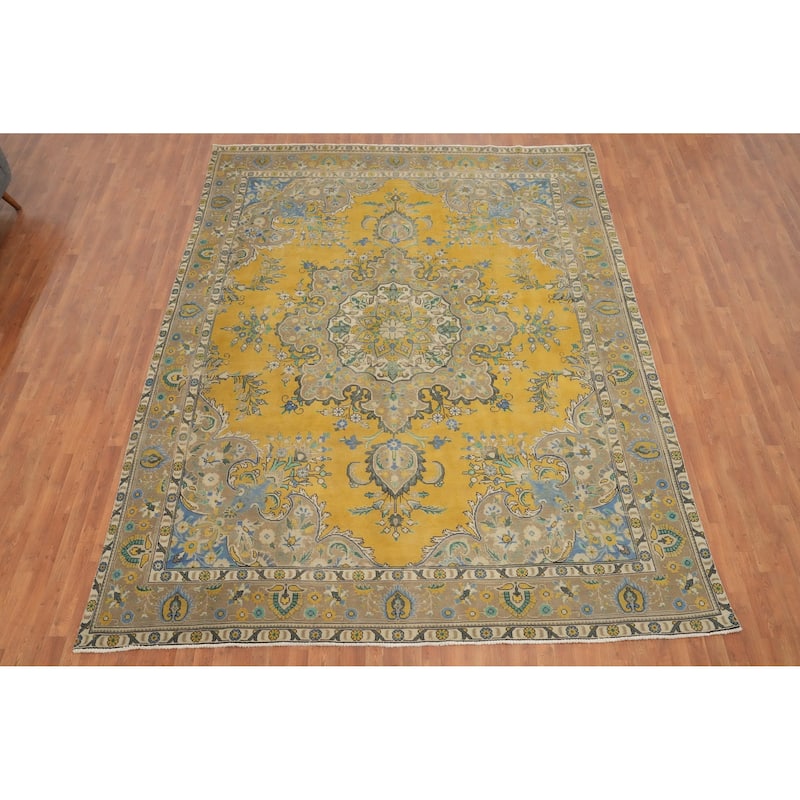 Hand Knotted Oriental 100% Wool Carpet Traditional Floral Yellow & Gold Tabriz Area Rug - 12' 3'' X 10' 0''
