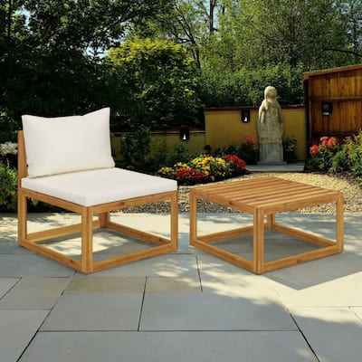 2pc Outdoor Chair and Table Set, Square Top, Brown Acacia Wood, White