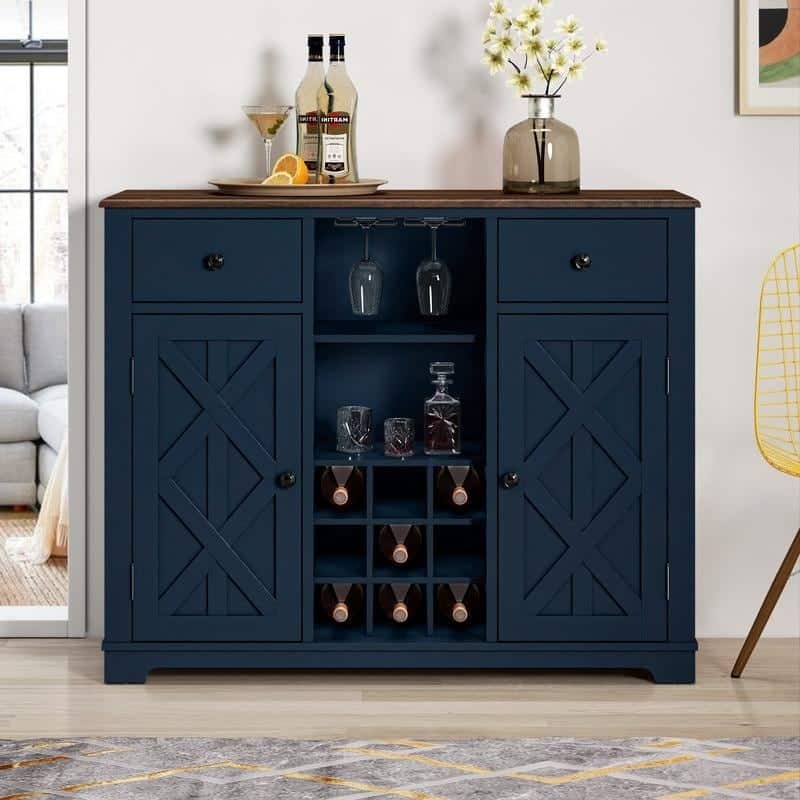 47 in. Modern X-Door Wine Cabinet w/ Built-in Wine Rack - 47" in Width - Navy