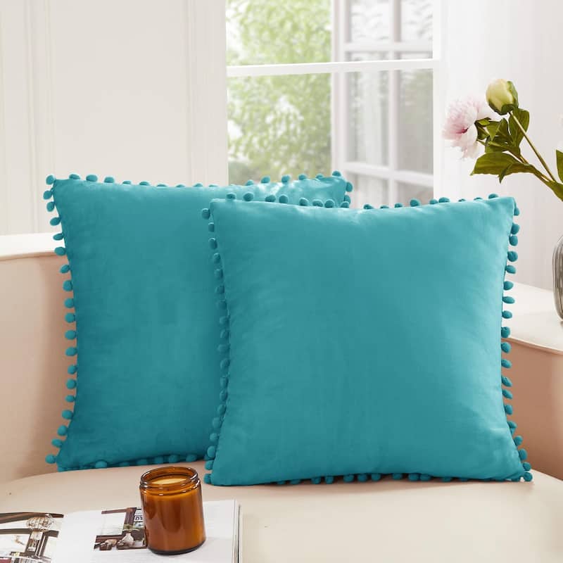Deconovo Set of 4 Velvet Pom-Pom Pillow Covers Multiple Sizes - 20x20 Inch - Teal