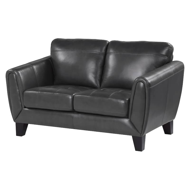 Sofy 61 Inch Loveseat, Dark Gray Top Grain and Faux Leather, Solid Wood