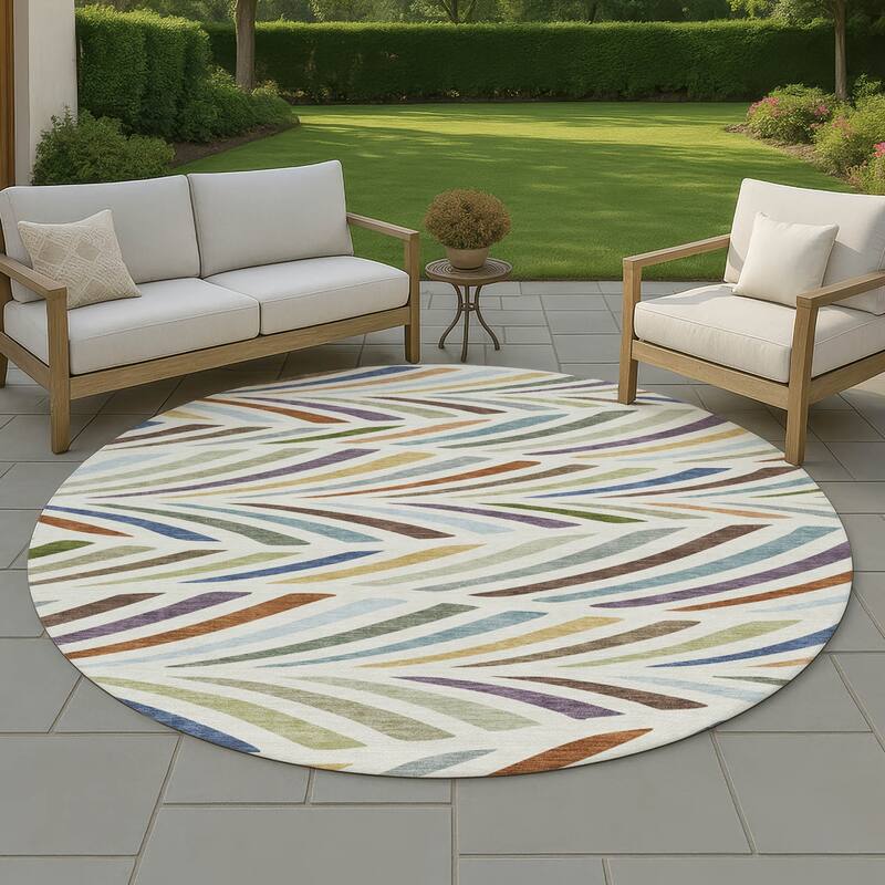 Machine Washable Indoor/ Outdoor Modern Feather Chantille Rug - Ivory - 8' x 8'