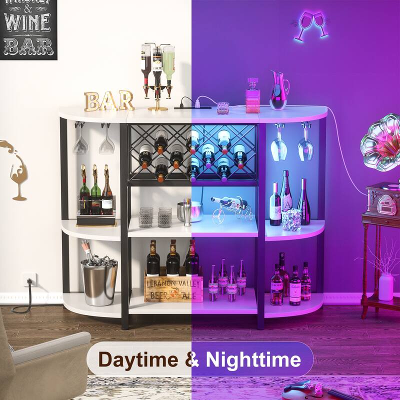 4-Tier Wine Bar Cabinet with Outlet and LED Light,Freestanding Bar Table with Glass Holder and Wine Storage