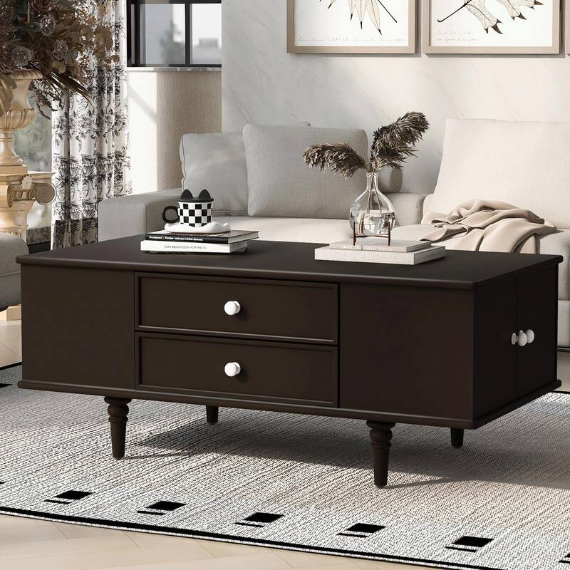 47.2" Wood Coffee Table with Metal Handles and Four Solid Wood Legs - Brown