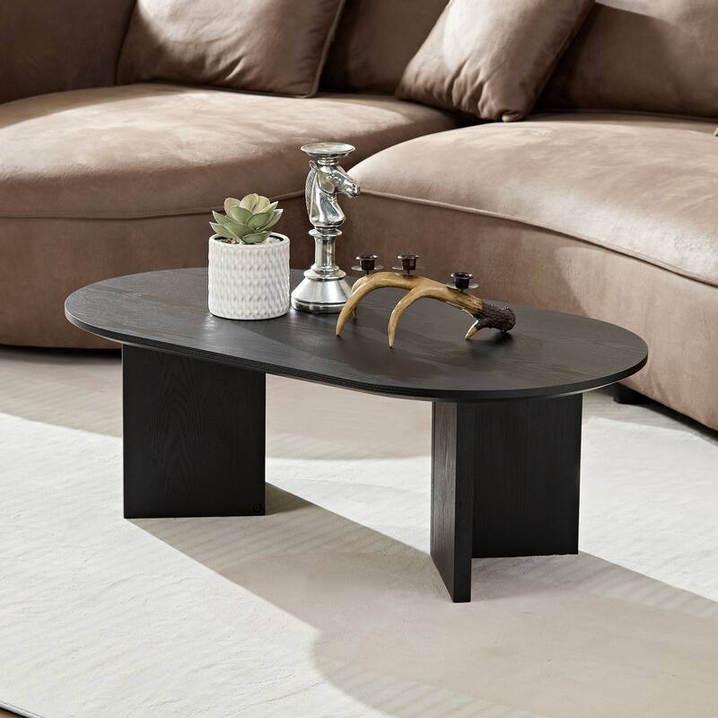 Length 39.37 Inch Modern Coffee Table,MDF Oval Coffee Table for Living Room,Small Coffee Table with Sturdy Pedestal