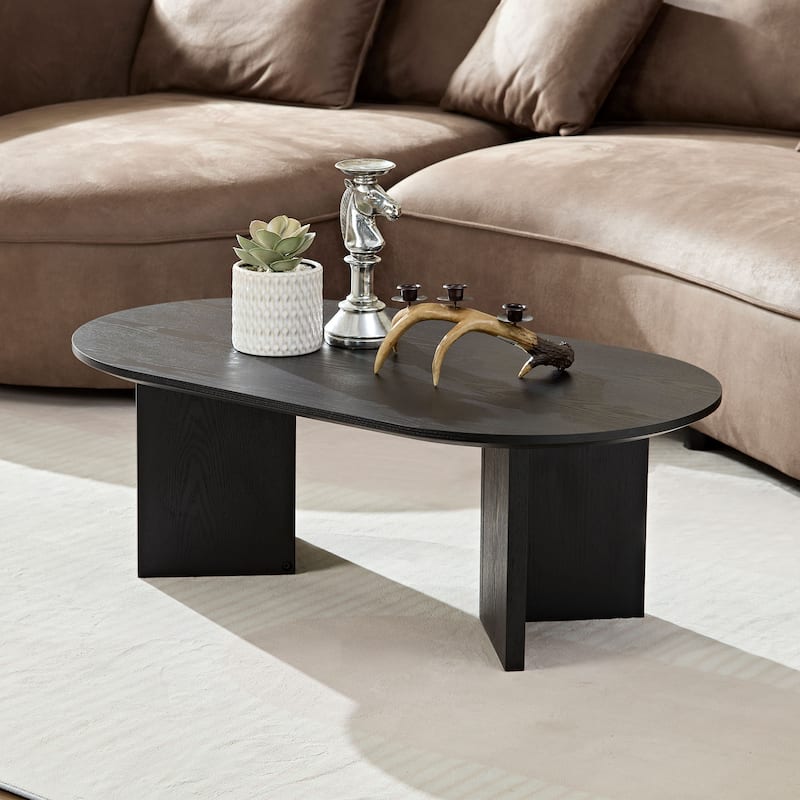 Minimalist Wooden Grain Coffee Table with Double Triangle Pedestal