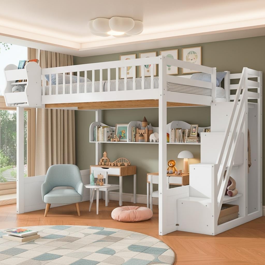 Queen Wooden Loft Bed with Storage Staircase, Wardrobe & Shelving by Harper&Bright Designs