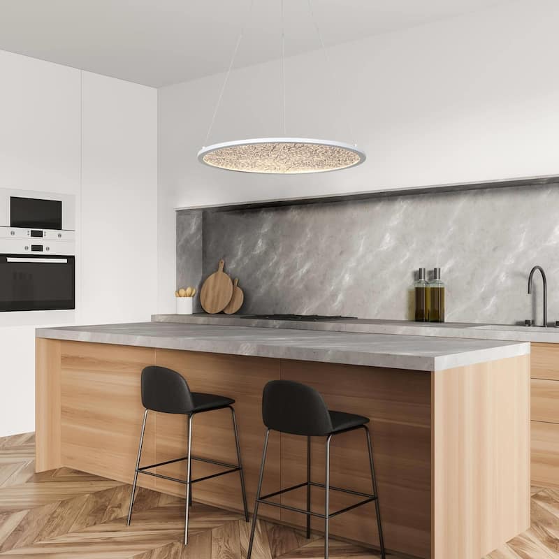 Modern 1-Light White Round LED Chandelier Minimalist Pendant Lights for Dining Room - 17.5" D x 61.5" H