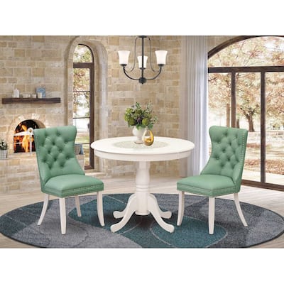 3-Piece Linen White Finish Solid Wood Top - Round Upholstered Dining Room Set - Seats-4