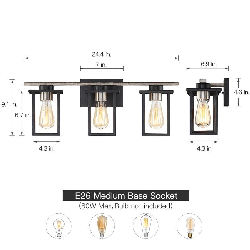 Matt Black/Wood Tone Rustic Farmhouse Bathroom Vanity Light with Open Cage Shades