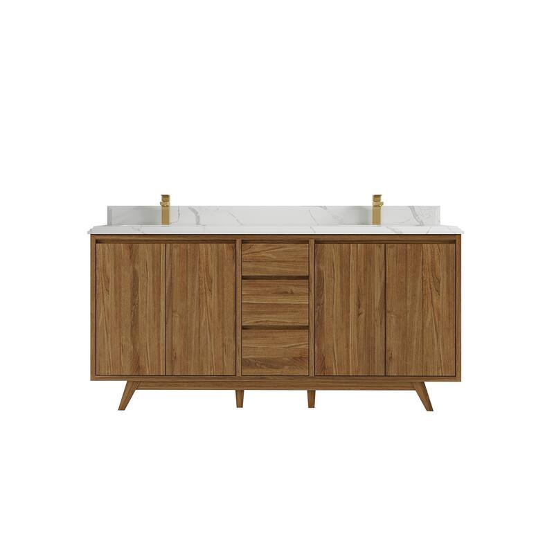 Willow Collections 72 in. W x 22 in. D s Madison Teak Double Sink Bathroom Vanity with Countertop - 1.5" Calacatta Laza - Golden Teak
