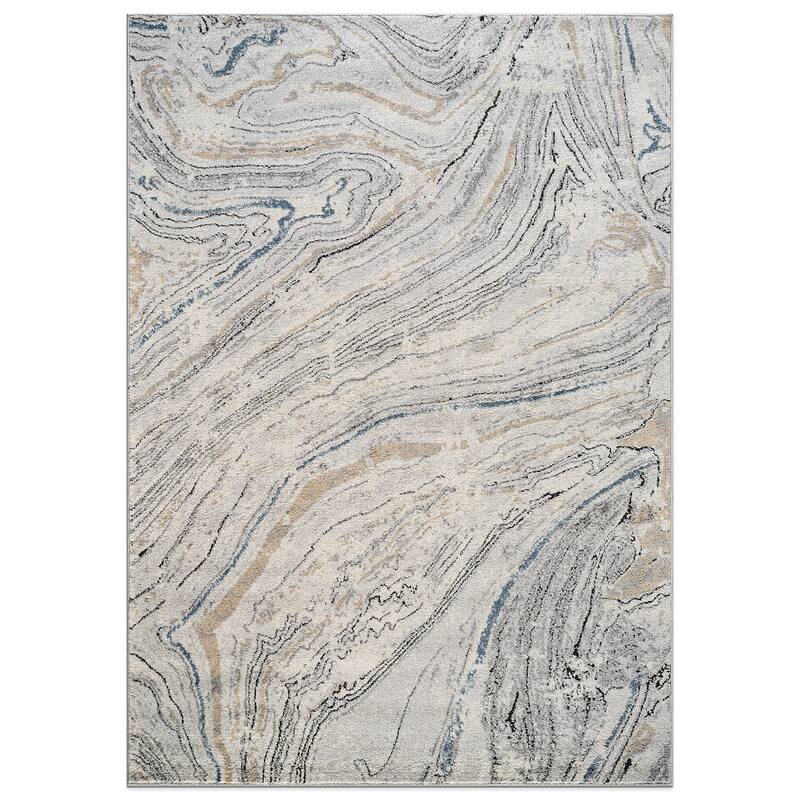 Marble Swirl Distressed Area Rug - Low-Pile Rug for Living Room, Bedroom - Polypropylene/Polyester with Jute Backing