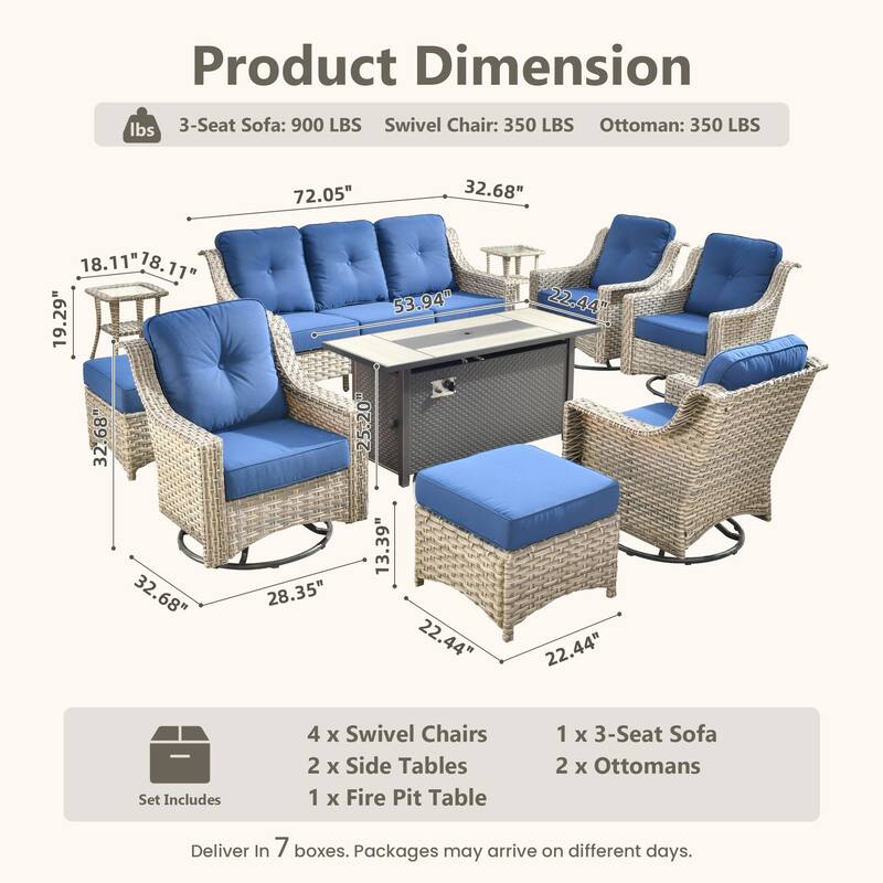 HOOOWOOO 10-piece Wicker Outdoor Patio High Back Swivel Chair Set with Fire Pit