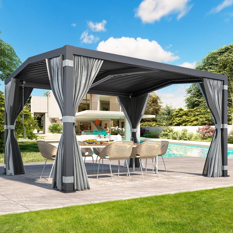 Erommy Outdoor Louvered Pergola Gazebo with Adjustable Aluminum Rainproof Roof and Pull-Down Screen