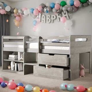 Twin size Loft Bed with Two Shelves and Two drawers, Antique Grey