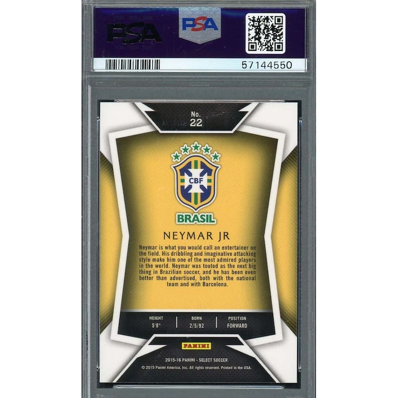 Neymar Jr 2015 Panini Select Yellow Jersey Soccer Card #22 Graded PSA 10 - 8'6" x 11'6"