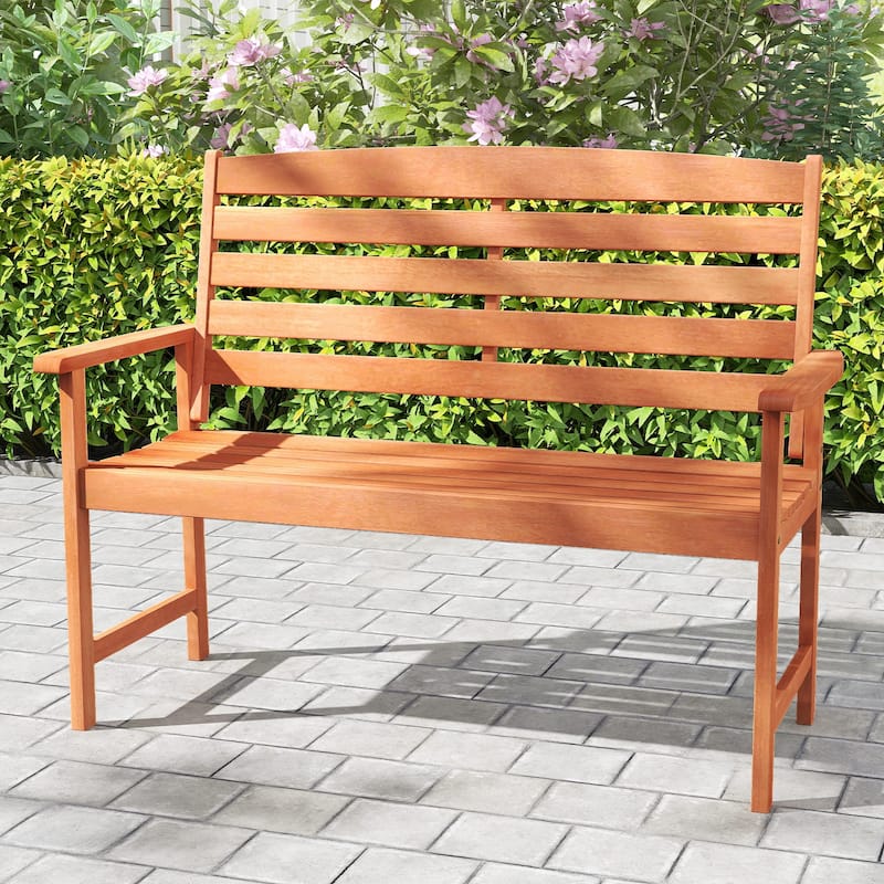 47.5" Natural Solid Wood Garden Bench Loveseat with Slatted Backrest and Armrests for 2-Seater - 47.5" × 26" × 35.5"