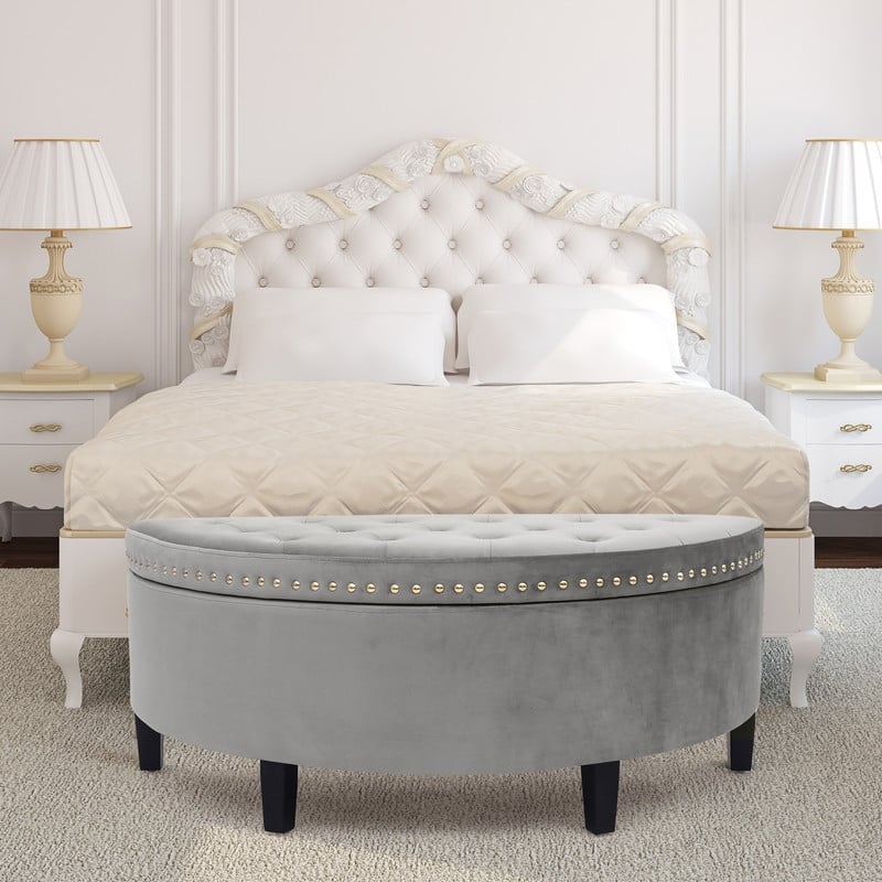 Adeco Half Moon Tufted Storage Ottoman Bench