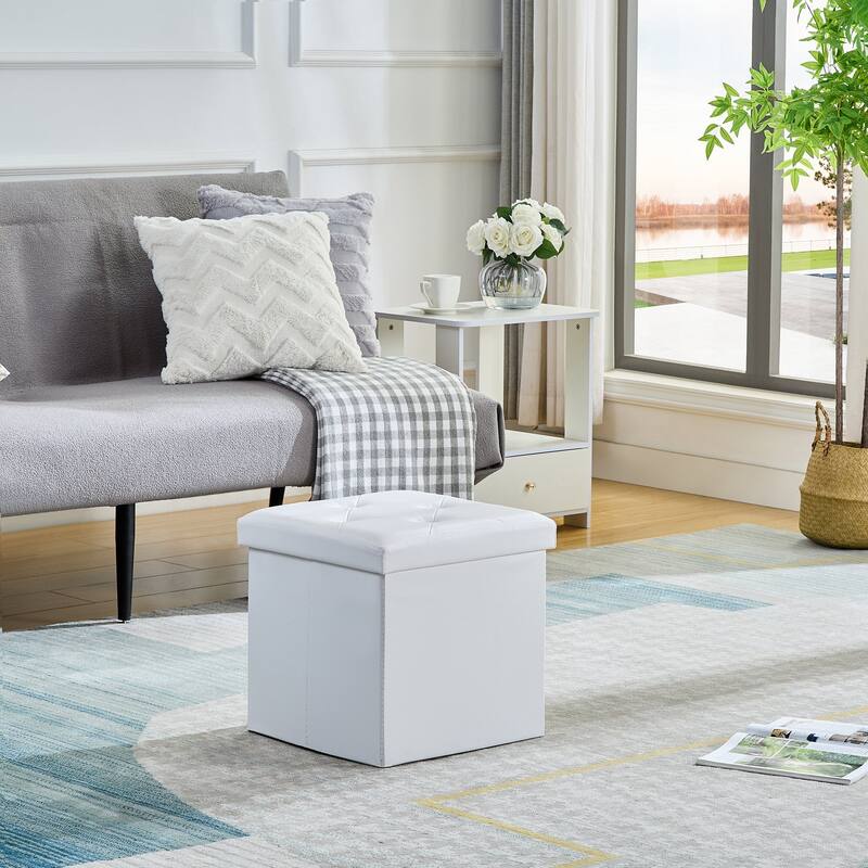 Folding Storage Ottoman, Foot Rest Stool Footstool, Leather Tufted Ottoman, Small Ottoman Cube for Living Room Bedroom Dorm