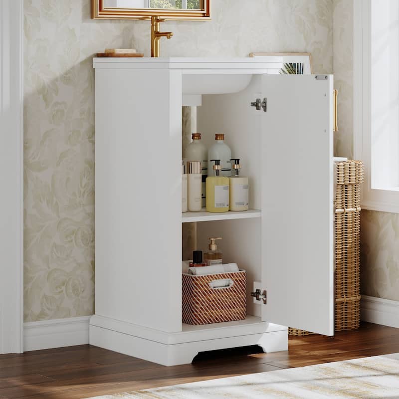 16" Small White Bathroom Vanity with Ceramic Sink, Freestanding Single Sink Bathroom Cabinet with Soft Closing Door - 16 Inch