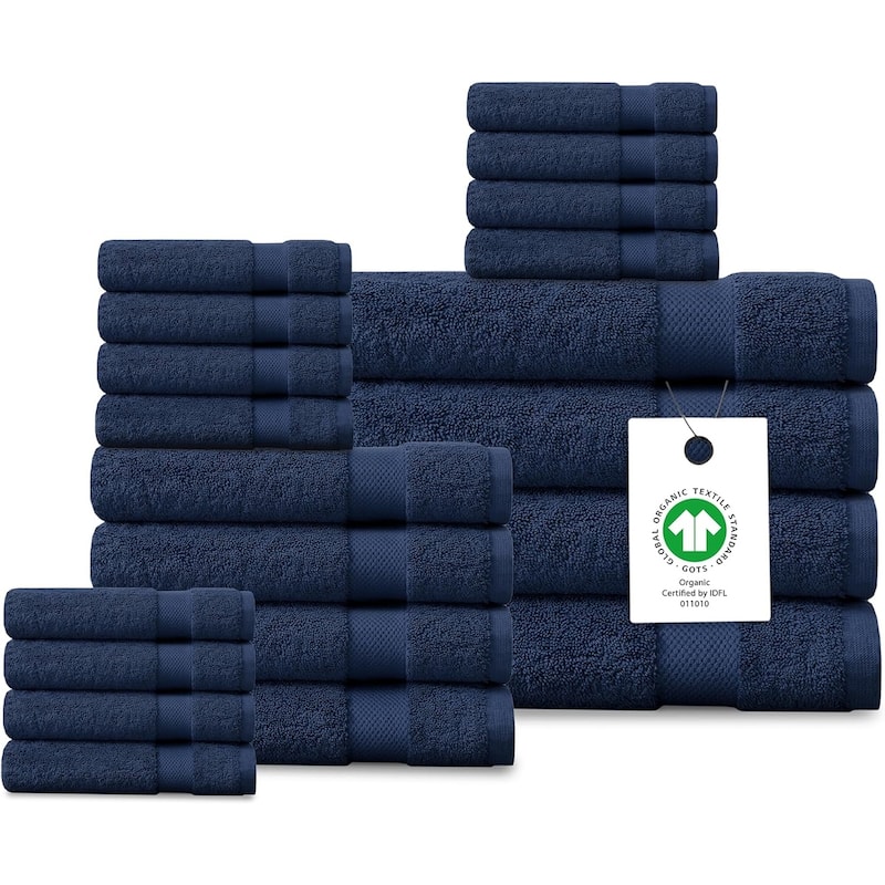 Delara Organic Cotton Luxuriously Plush Bath Towel 20 Piece Set |GOTS & OEKO-TEX Certified |650 GSM Long Staple|Soft & Quick Dry - Navy Blue