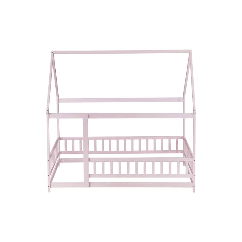 Full Size House Floor Wooden Bed with Roof Frame