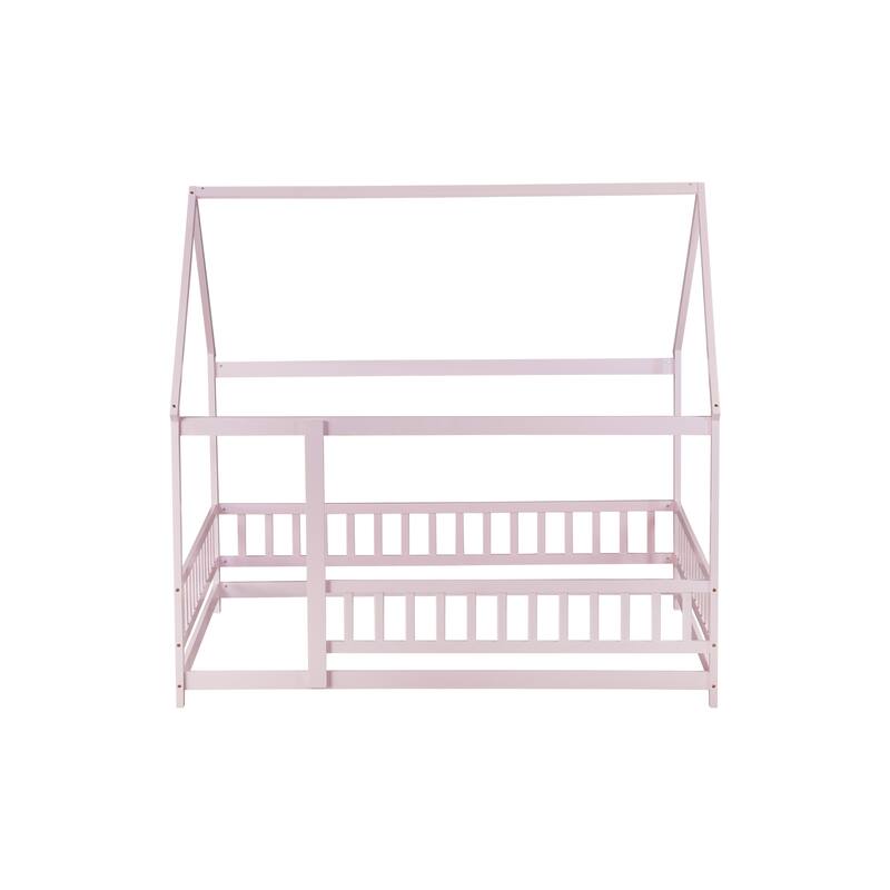 Full Size Wooden Floor Bed for Kids with House Roof Frame and Safety Guardrails