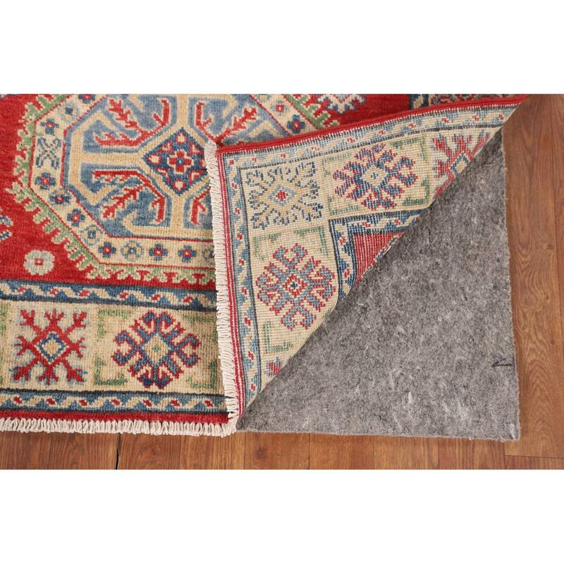 Geometric Kazak Oriental Accent Rug Handmade Red Wool Carpet - 3'5" x 4'11"
