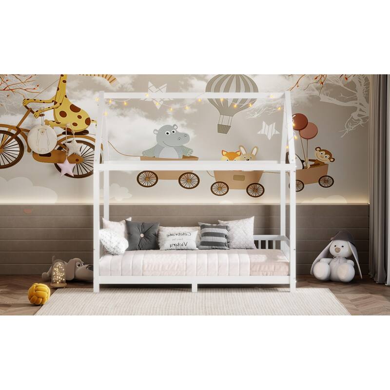 Kids Wooden Bed with Roof and Fence Style Frame, LED Lights and Full Guardrail Design