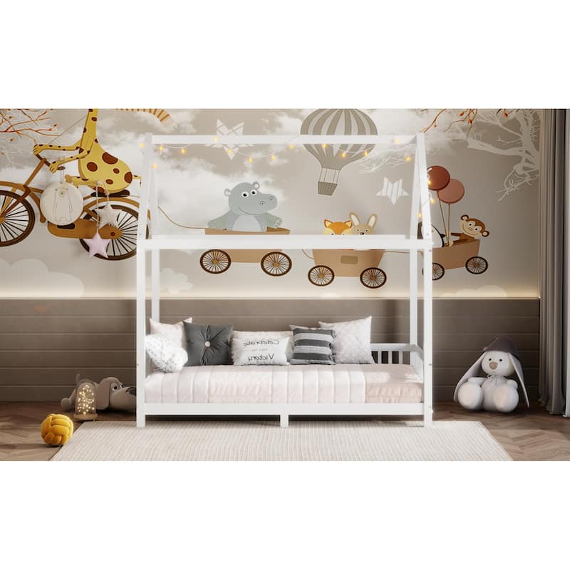 White Twin Size Solid Wood House Bed with Guardrail, LED, and Roof